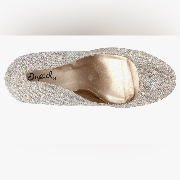 Round Toe champagne Glitter Mesh Rhinestone Studded Low Platform Pump Heel ✨ - Picture 3 of 12